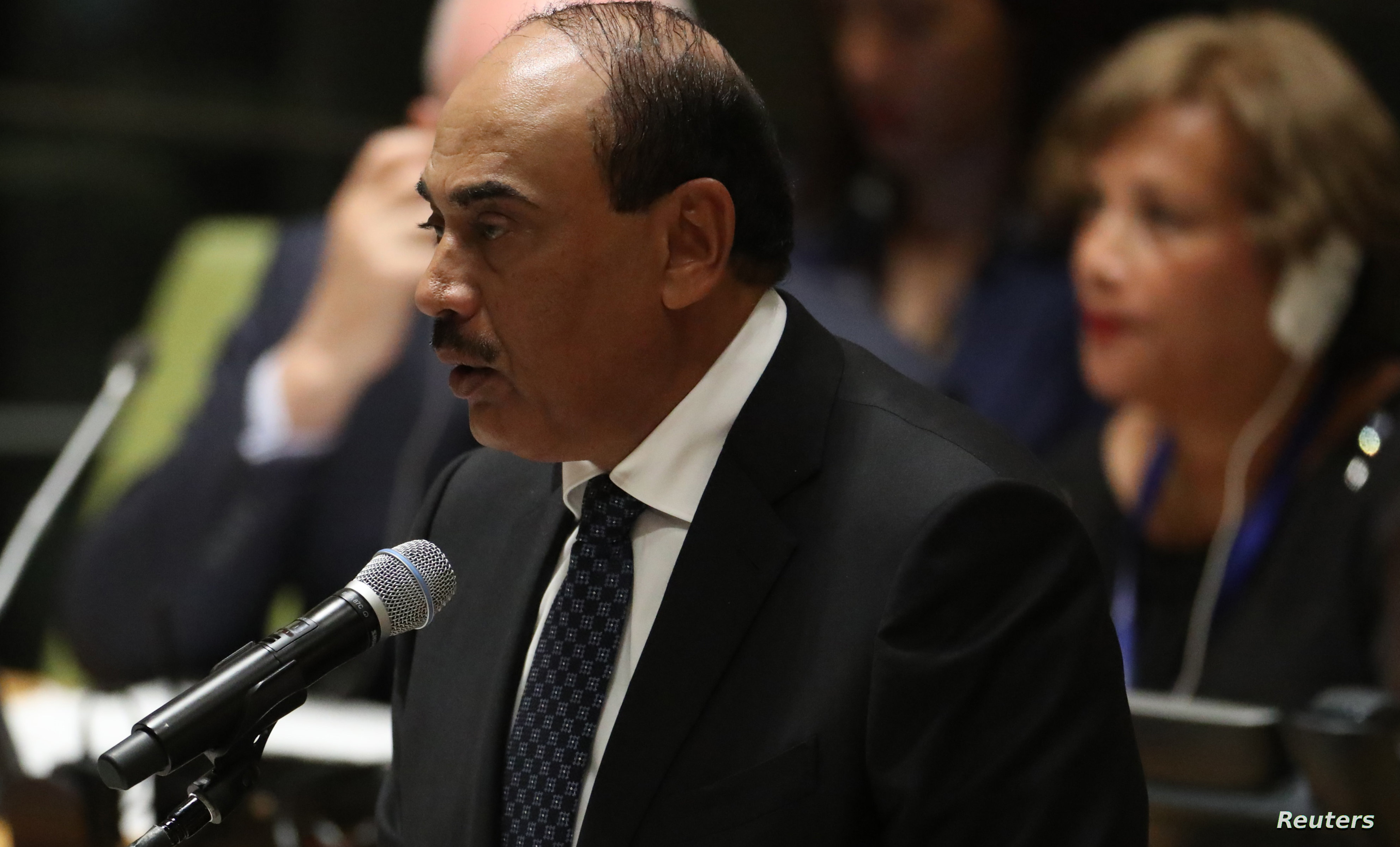 Deputy Prime Minister Sabah Al-Khalid Al-Sabah of Kuwait speaks during a high-level meeting on addressing large movements of refugees and migrants at the United Nations General Assembly in New York