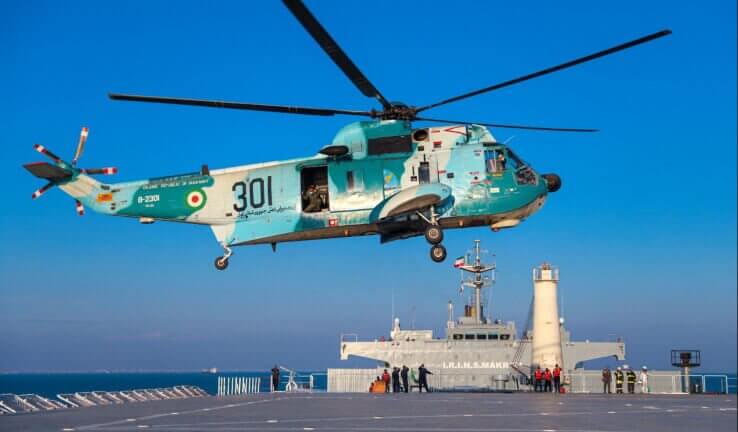 An Iranian Navy helicopter landed on the Iranian warship Makran in the Gulf of Oman