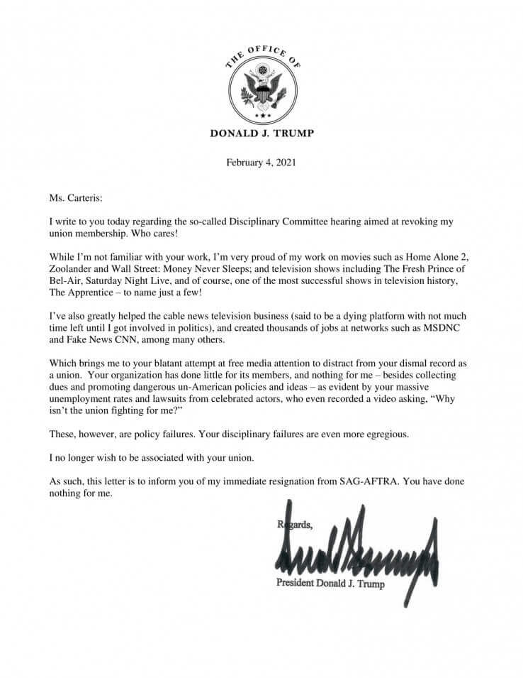 A letter that Trump sent to the union