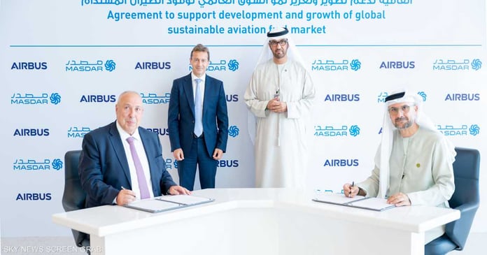 An agreement between Masdar and Airbus to support the development of sustainable aviation fuels

