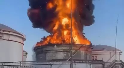 A tank farm on fire not far from the Crimean Bridge