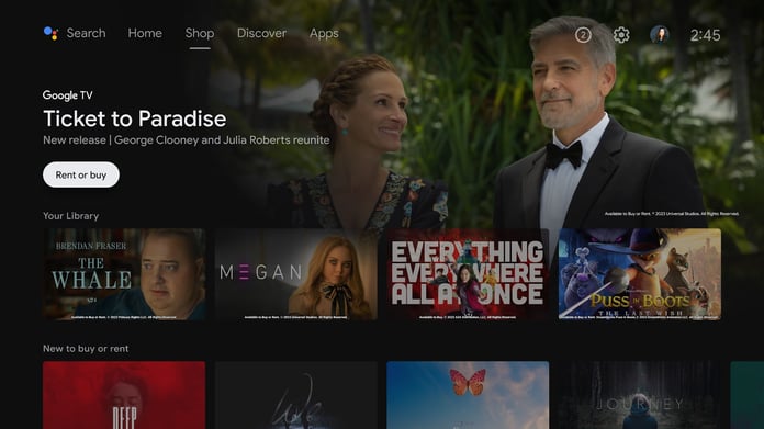 Screenshot of the Google TV Shop tab on Android TV, showcasing a diverse range of movie and TV show titles available for rental and purchase