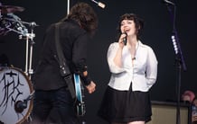 Dave Grohl and Violet Grohl performing on stage at the 2023 Glastonbury Festival