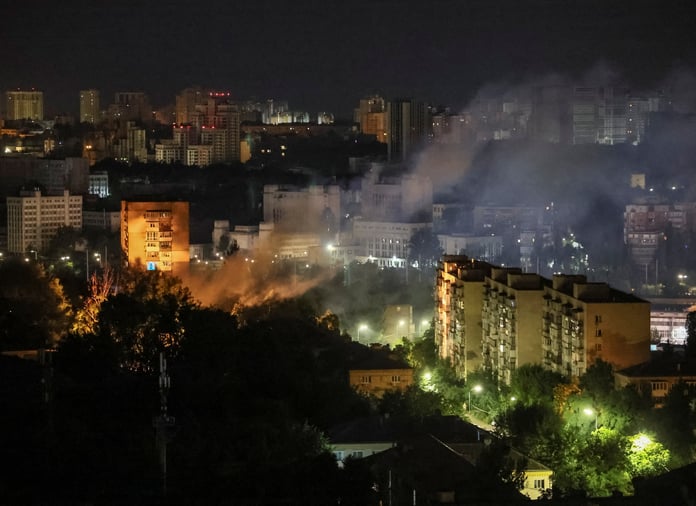 Smoke rises in the sky above Kyiv, Ukraine, following a Russian drone attack