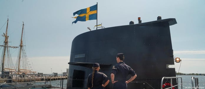 The Swedish submarine HMS Gotland, symbolizing the strategic significance of the eponymous island, docked at the Karlskrona naval base in Sweden.