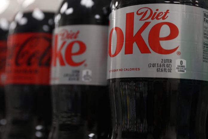 Cancer Alert: A view of Diet Coke bottles arranged on a store shelf in New York City