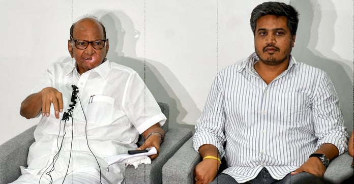 Sharad Pawar, President of the Nationalist Congress Party (NCP), and party MLA Rohit Pawar speaking during a press conference at his residence in Pune