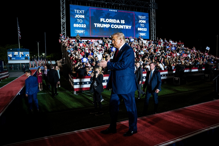 Donald Trump departing from a campaign rally in Hialeah, Florida, on November 8